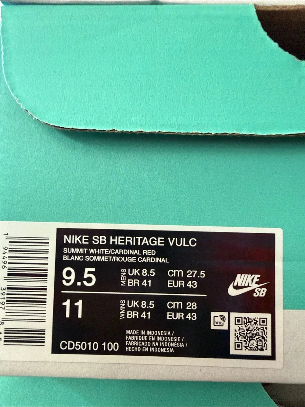 Nike SB Heritage Vulc White Cardinal Red CD5010-100 Men’s Size 9.5